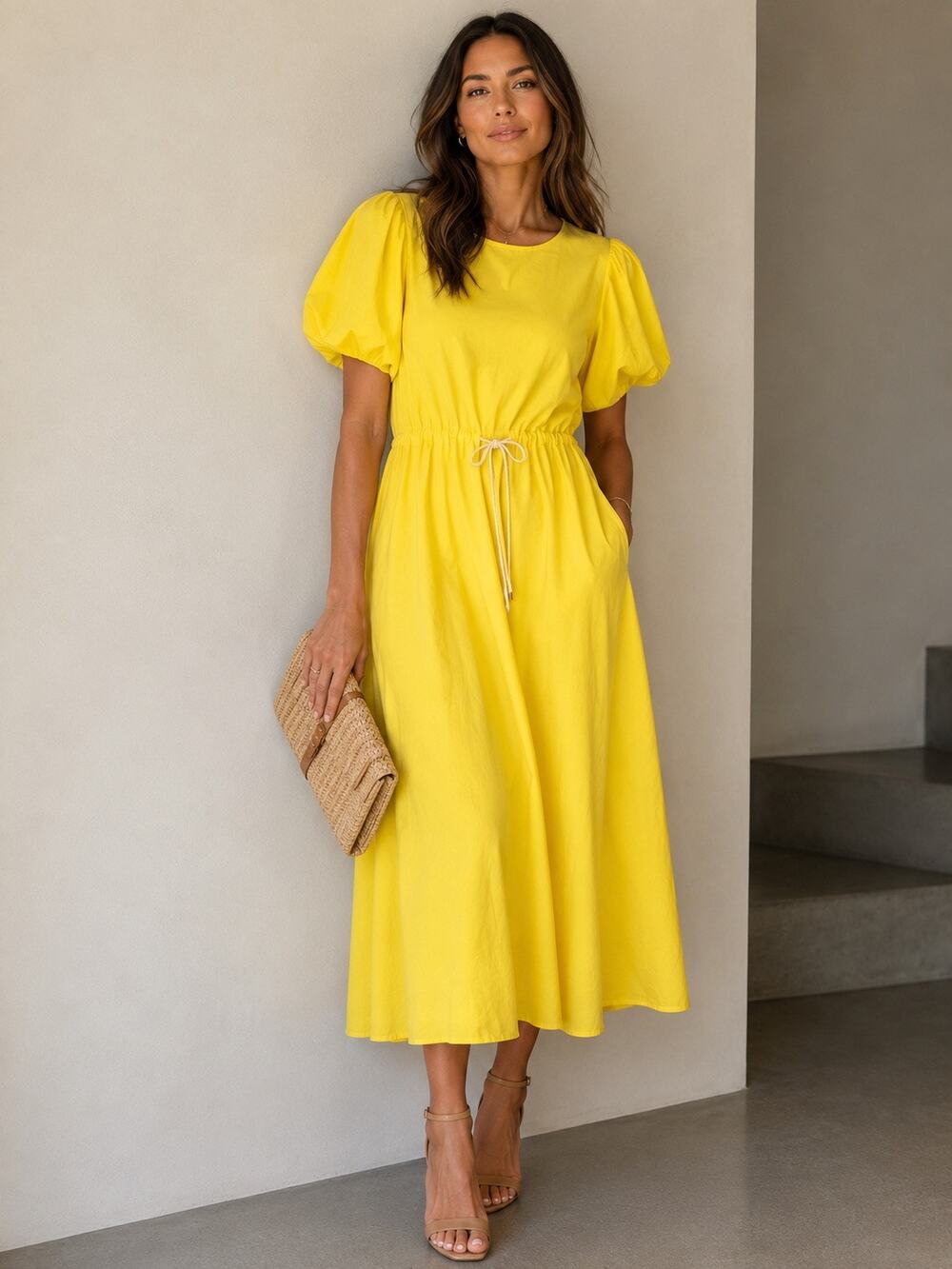 Goop G. Label Zelda Round Sleeve Drawstring Midi A-Line Dress Bright Yellow 4